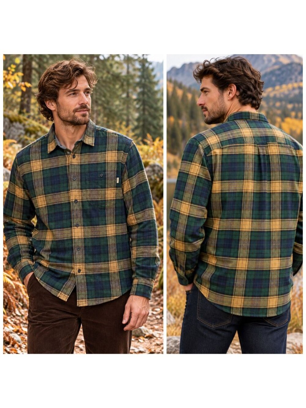 Woolrich Shirt Men Large Green Navy Gold Plaid Cotton Flannel Long Sleeve Button